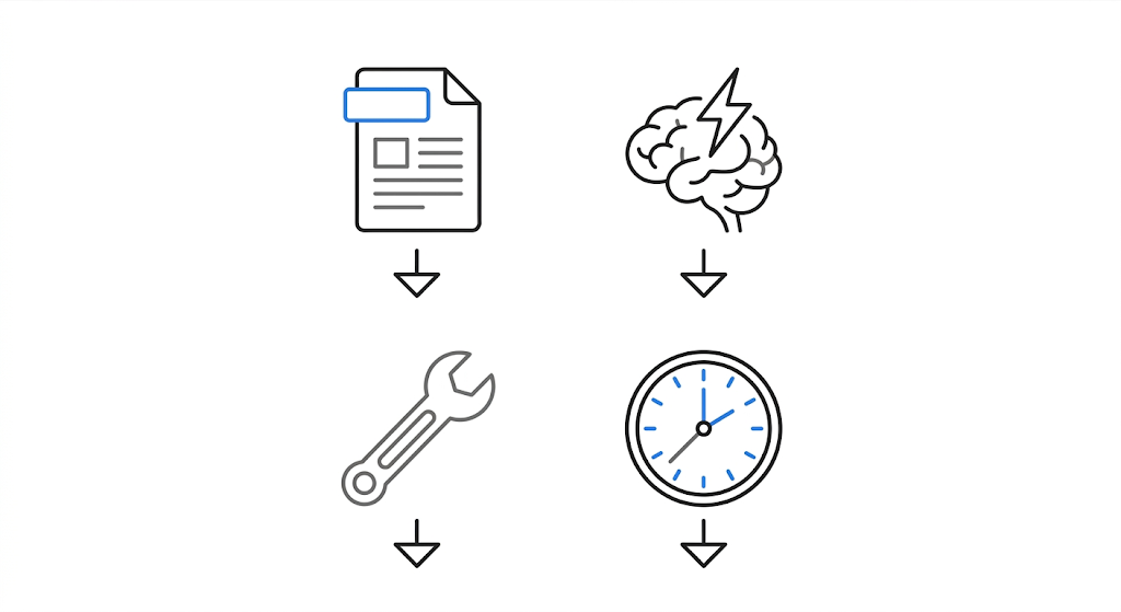 Claude Pro 四種加速用量消耗的操作示意圖，PDF、深度思考、工具、尖峰時段四圖示排列，黑白極簡插圖